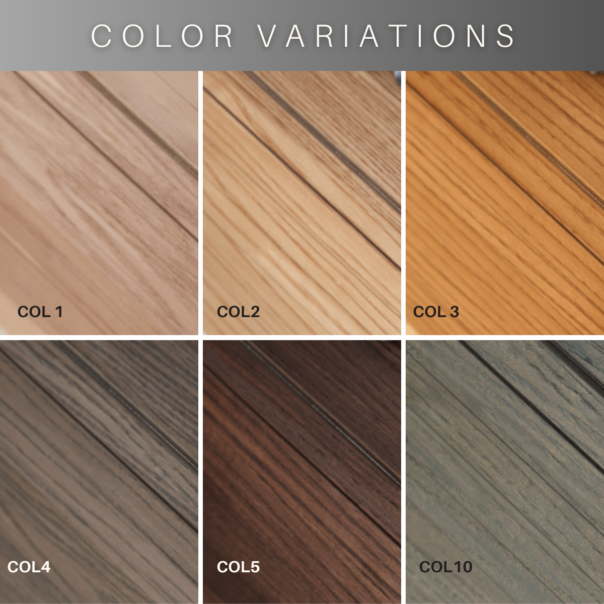 Image showcasing six color variations of wood finishes labeled COL1 to COL10, ranging from light natural tones to dark and grey hues, under the title &