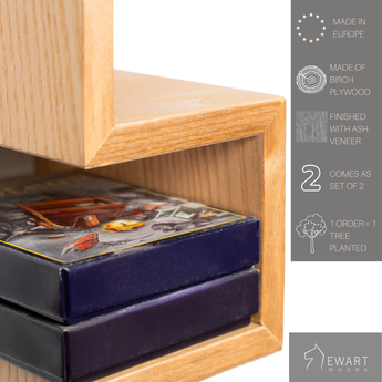 Close-up of small wood lego shelf along with manufacturer specifics 