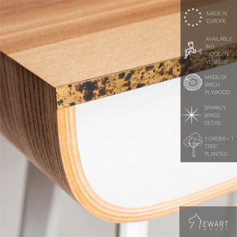 Close-up of free standing wooden nightstand with manufacturer specifics