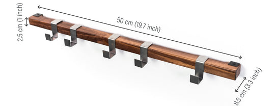 Dimensions for wooden wall mounted hanger with 5 metal hooks 