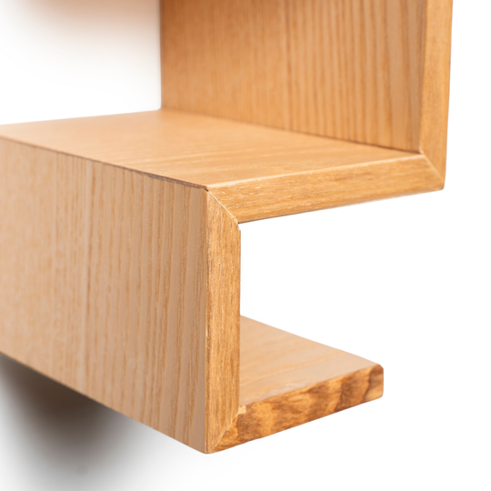 Close-up of small wood lego shelf geometric angle and display surface