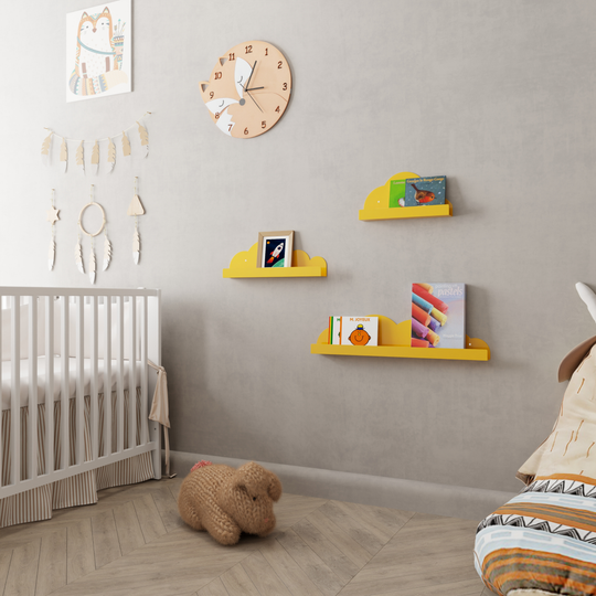 Childrens wall mounted metal cloud bookshelves in yellow color