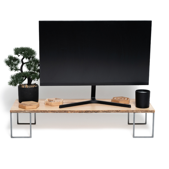 Front view of wooden monitor stand with tree bark and metal legs, perfect for desk organization