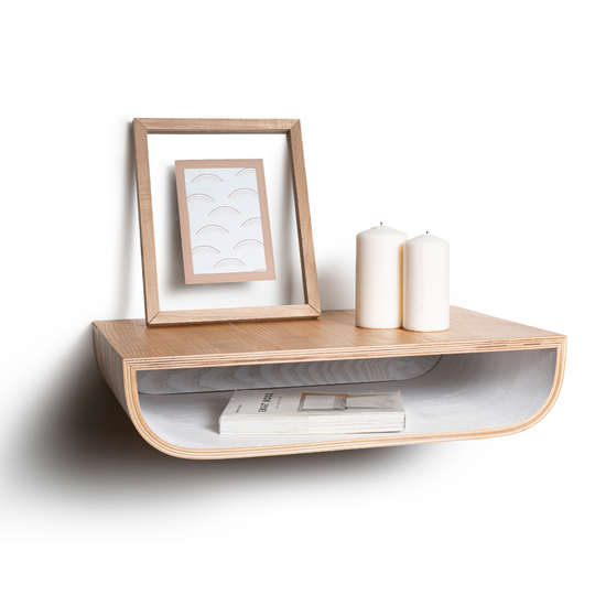 Floating nightstand in oak color with white interior layout