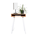 Front view of rectangular wooden nightstand with brass design and white wooden legs 
