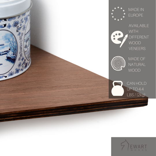 Wooden wall-mounted corner shelf with manufacturer specifics