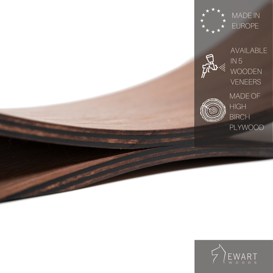 Close-up of the curved wooden holder with labels indicating it is made in Europe, available in 5 wooden veneers, and made of high birch plywood, with the Ewart Woods logo.