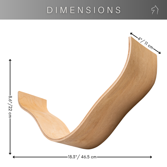 Wooden shelf with a cloud-like, curved shape, showing its dimensions: 18.3 inches (46.5 cm) in width, 8.4 inches (22 cm) in height, and 4 inches (11 cm) in depth. The shelf is presented in a light wood finish.