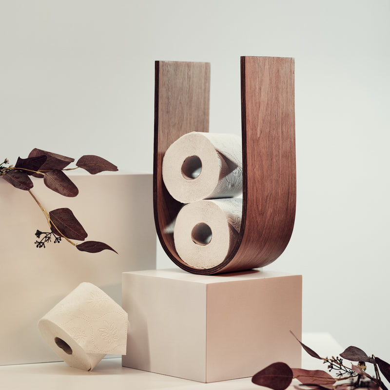 wall mounted toilet paper holder in U form in walnut wood 