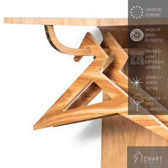 Close-up of wood wall mounted hanger rack with manufacturer specifics 