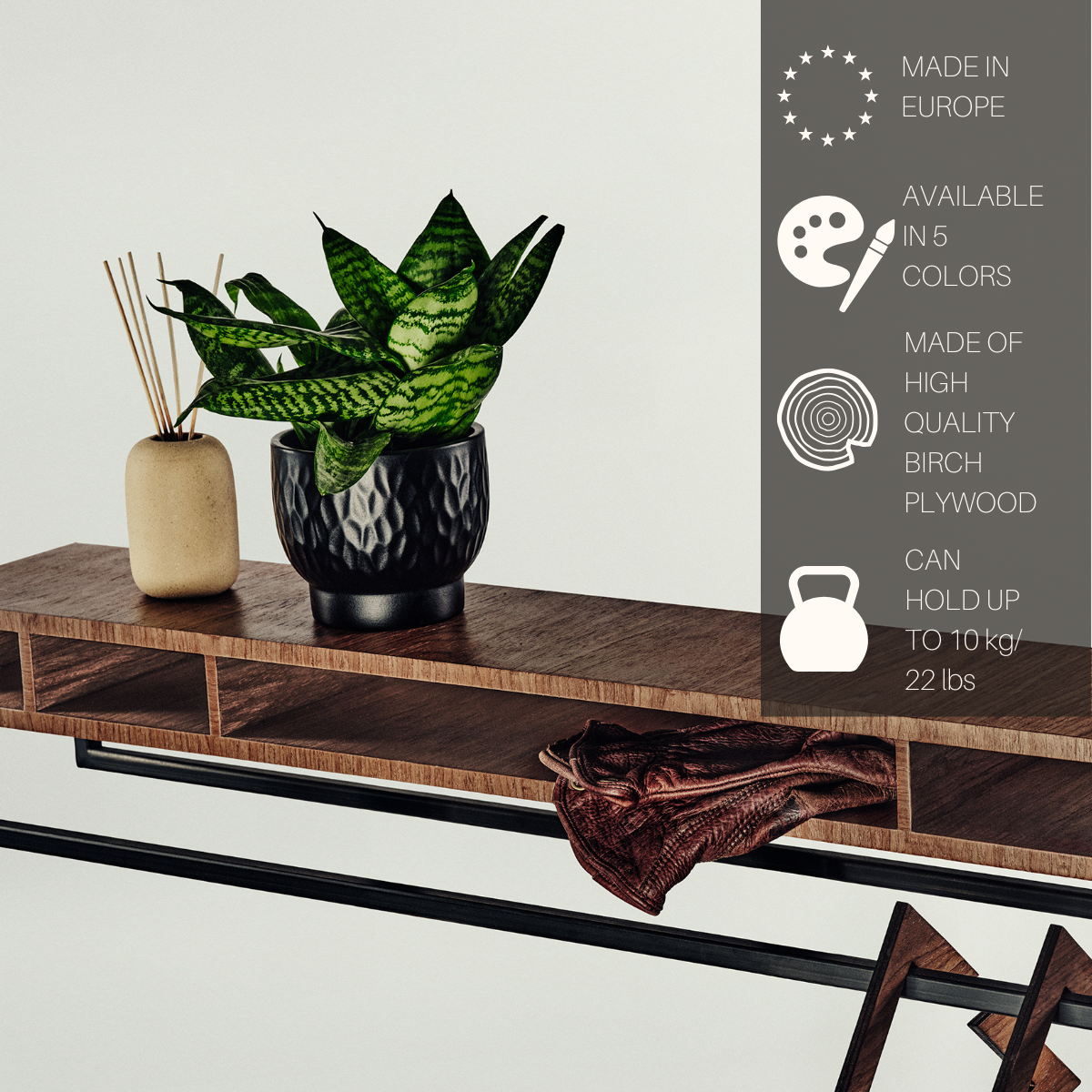 A modern console table with a warm brown wood finish and black metal frame, styled with a potted snake plant and a diffuser. A dark gray text panel on the right lists product features in English.