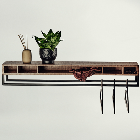 A modern wall-mounted wooden console shelf with open cubbies, a black metal rail, and three hanging hooks, styled with a potted snake plant, a diffuser, and a brown leather accessory against a plain light background.