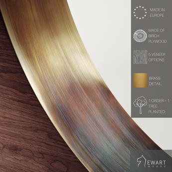 Modern round wooden coffee table with brass detail on the wooden base.