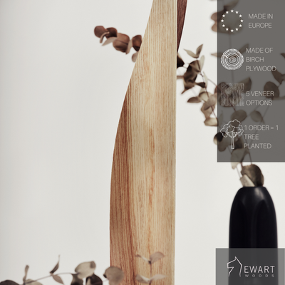 Wooden standing toilet paper holder in ashwood with manufacturer specifics mentioned