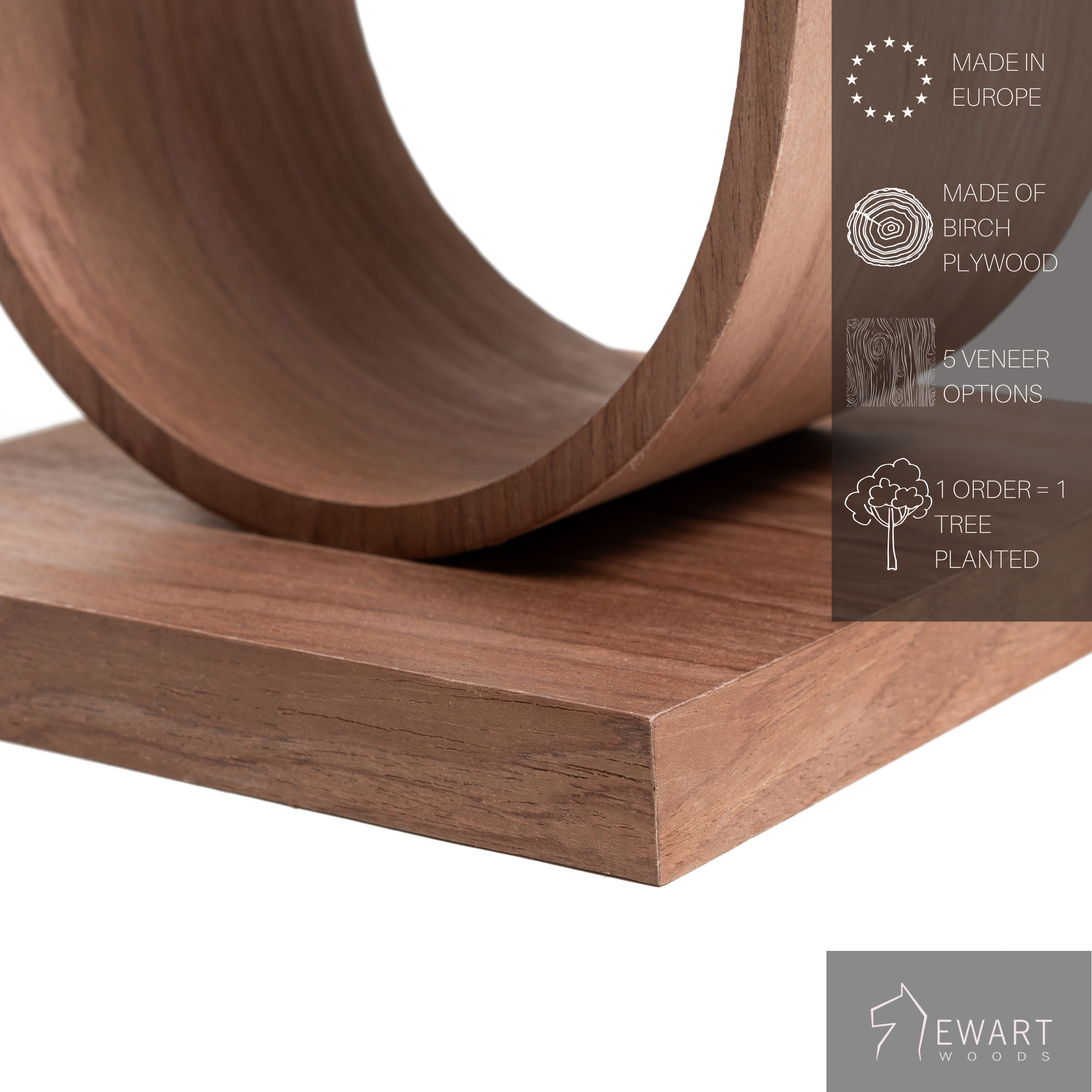 Close up of wooden standing toilet paper holder in modern and functional design with manufacturer specifics 