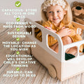 Little girl sitting inside a wooden toy bus with a list of features on the left side, including eco-friendliness, durability, and educational benefits.