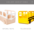 Two color variations of wooden toy buses: one in natural wood with white accents, and the other in bright yellow with black stripes resembling a school bus.