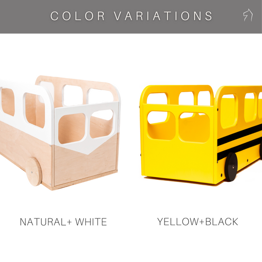 Two color variations of wooden toy buses: one in natural wood with white accents, and the other in bright yellow with black stripes resembling a school bus.