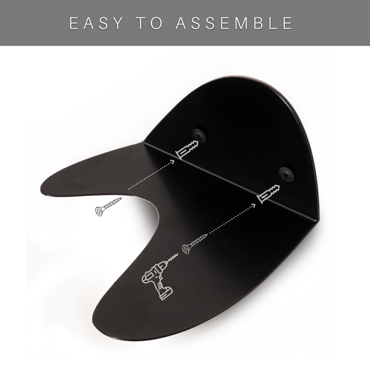 Elegant black metal floating wall bracket with a smooth, curved profile, featuring visible screws for sturdy mounting. Designed for effortless assembly, as illustrated by the accompanying guide.
