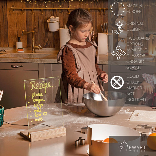 A girl mixing ingredients in a kitchen next to an illuminated acrylic board with a recipe written in neon light. Product details on the right include &