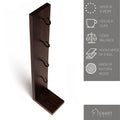 Dark wooden mug holder with four hooks, designed to hold cups securely. Labels highlight features: &