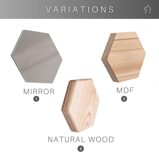 Three variations of hexagonal tiles: mirror, MDF, and natural wood, offering different textures and finishes for a customizable wall design.