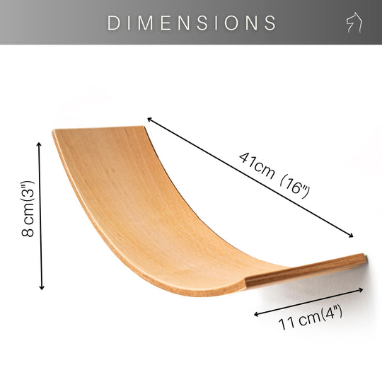Curved cherry wood toilet paper holder with dimensions: 8 cm (3") in height, 41 cm (16") in length, and 11 cm (4") in depth.