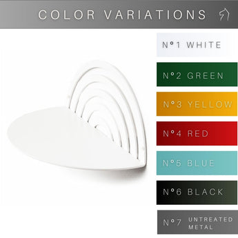 Overview of a half-circle metal shelf with a striped, curved back, presented in white. A list of available colors includes White, Green, Yellow, Red, Blue, Black, and Raw Metal.