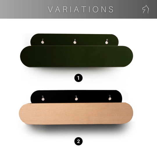 Two variations of capsule-shaped wall-mounted racks are shown. Variation 1 is dark green, and Variation 2 has a black backplate with a light wood front.
