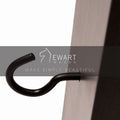 Close-up of a metal hook on a dark-stained wooden mug holder with the EWART WOODS logo and slogan &