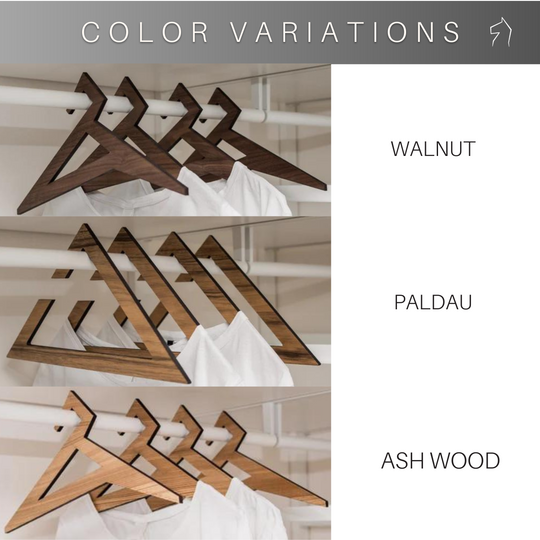 Three sets of wooden hangers in walnut, paldau, and ash wood finishes, featuring a geometric triangular design. The hangers hold white shirts, arranged neatly in a closet.