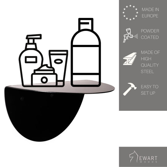 Black half-circle wall shelf with illustrated toiletry items, showing features: made in Europe, powder-coated, high-quality steel, easy to set up. Ewart Woods logo in the corner.