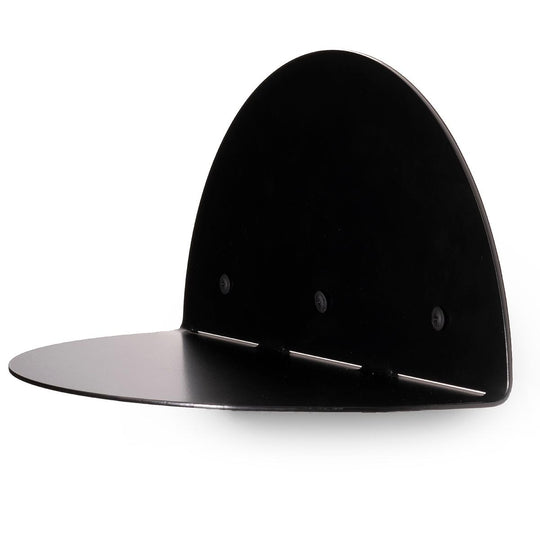 Black wall-mounted half-circle shelf with a minimalist design and visible screws for mounting.