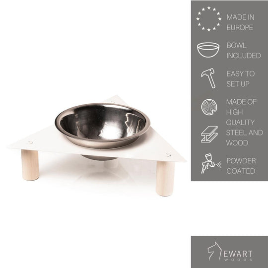 Raised pet feeder with a triangular steel platform, supported by cylindrical wooden posts, secured with visible fasteners. Includes a durable stainless steel dish and features a powder-coated surface.