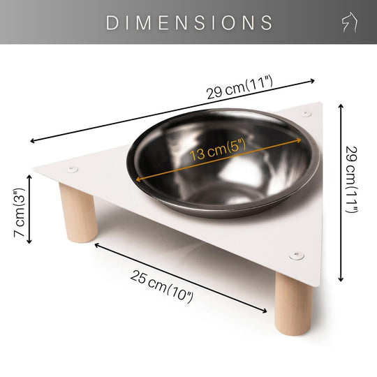 Modern pet feeding station featuring a triangular metal top and cylindrical wooden supports, designed with precise measurements. Includes a sleek stainless steel bowl, securely fastened to the frame with visible hardware.