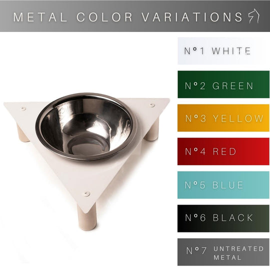 Triangle-shaped raised dog bowl holder with cylindrical wooden legs and a selection of metal finishes, including white, green, yellow, red, blue, black, and raw metal.