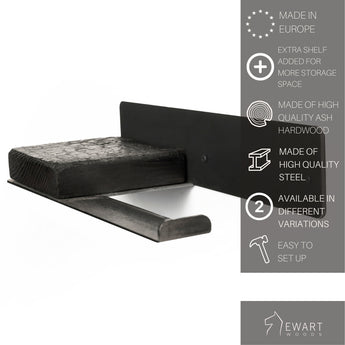 Close-up of a wall-mounted burned wood toilet paper holder with an extra shelf for additional storage space. The design features high-quality ash hardwood and steel, available in different variations.