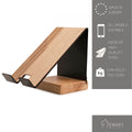 Stylish phone stand with a black metal frame and wooden base, designed for compatibility with all mobile devices. The stand is made of high-quality steel and can support up to 1kg (2lbs), with product details highlighting its European craftsmanship.