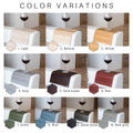 Color variations of wooden armrest trays displayed on a white sofa, each holding a glass of red wine. The trays are labeled as follows: 1. Light, 2. Natural, 3. Yellow, 4. Grey, 5. Dark brown, 6. Red, 7. Green, 8. Blue, 9. Black wood, 10. New grey.