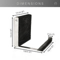 Dimensions of a burned ash wood and stainless steel toilet paper holder: 14 cm (6") in width, 13 cm (5") in height, 2 cm (1") in depth, and 13 cm (5") in the horizontal direction, with the metal bar extending 14 cm (6").