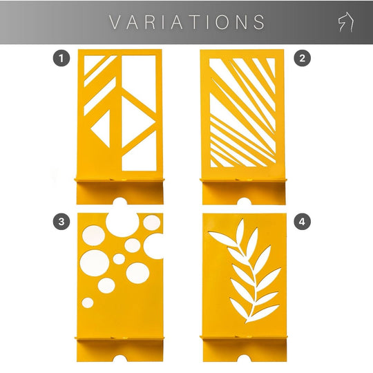 Four yellow metal phone holders, each with a different cutout design: geometric shapes, diagonal lines, circular patterns, and a leaf motif, labeled as variations.