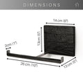 Dimensions of a burned ash wood and stainless steel toilet paper holder: 14 cm (6") in width, 13 cm (5") in height, 2 cm (1") in depth, and 26 cm (10") in length for the metal bar.