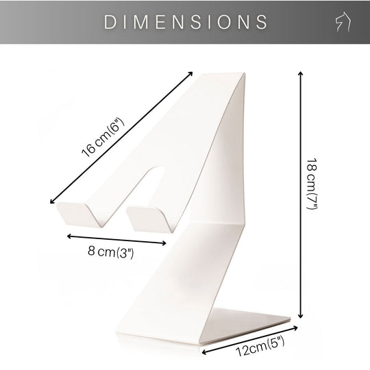 White Z-shaped phone stand with labeled dimensions: 18 cm (7 inches) in height, 16 cm (6 inches) in depth, 12 cm (5 inches) in base length, and 8 cm (3 inches) in width.