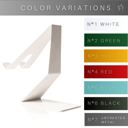 A minimalist, Z-shaped phone stand in white, displayed alongside a list of available color options: white, green, yellow, red, blue, black, and raw metal.