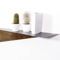 Minimalist metal shelf with a smooth surface, holding two potted cacti and a white book. The shelf has a contrasting oxidized metal edge, set against a white wall.