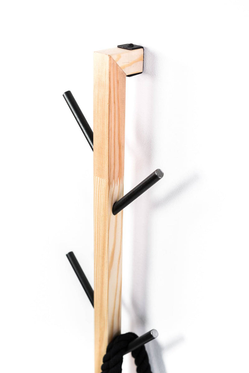 Wooden entryway coat rack wall hanger with metal hooks for hallway storage