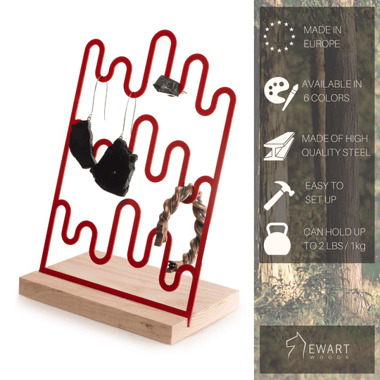 Red wave-patterned jewelry stand with a wooden base, showcasing earrings and bracelets, made of high-quality steel, available in six colors, and holds up to 2 lbs (1 kg).