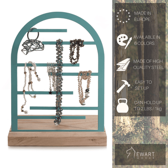Arch-shaped jewelry holder made of high-quality steel with a wooden base. Available in six colors, easy to set up, and can hold up to 1kg (2 lbs). Made in Europe.