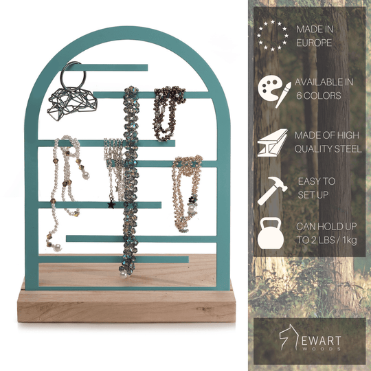 Arch-shaped jewelry holder made of high-quality steel with a wooden base. Available in six colors, easy to set up, and can hold up to 1kg (2 lbs). Made in Europe.