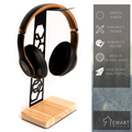 Stylish headphone stand with hexagonal cutout design on a high-quality steel frame, supported by a natural birch wood base. Available in two designs and three color options, made in Europe with premium materials.